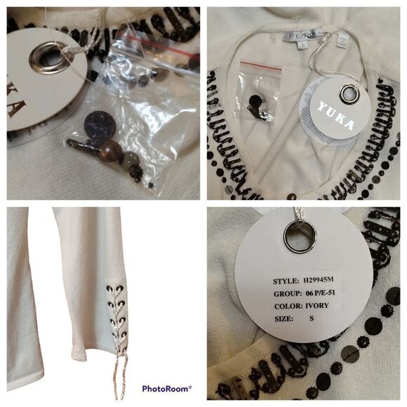 NWT Yuka Beaded Boho Knit Top Ivory Sz S Blouse Embellished Shirt - Picture 4 of 13